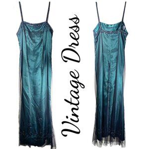 VINTAGE BEADED STRAPPY SILKY FORMAL FULL LENGTH DRESS EMERALD GREEN, SIZE XS